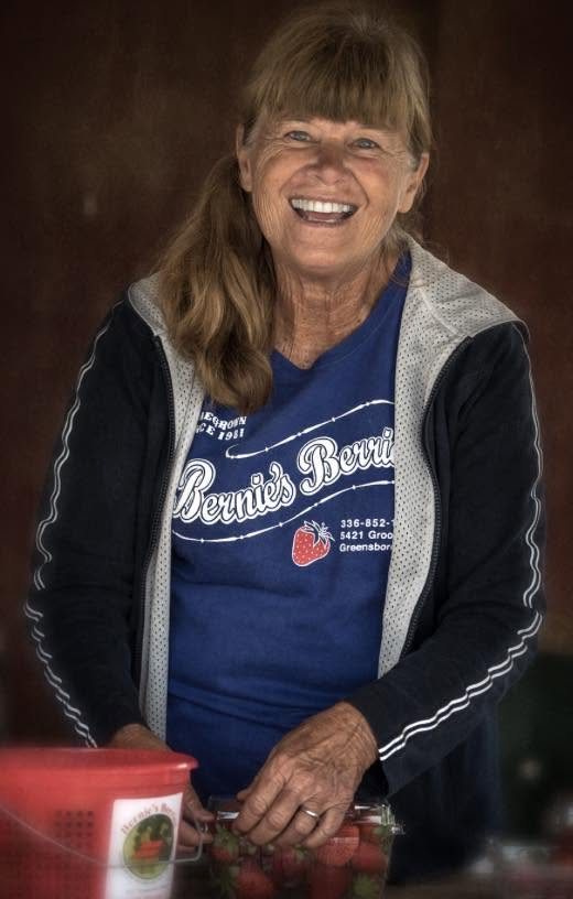 Bernie laughing in a Bernie's Berries t-shirt
